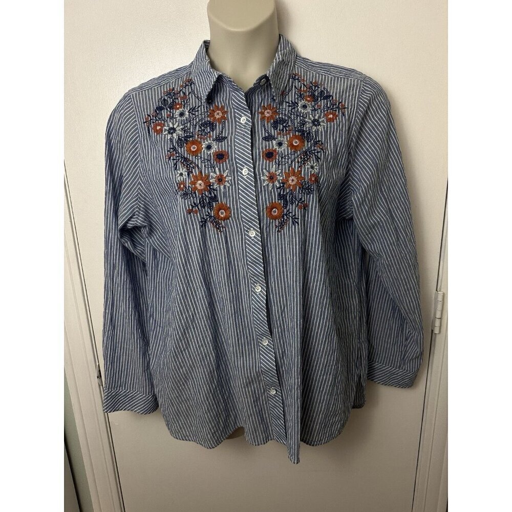 Beach Cotton oversized blue and white striped long sleeve floral embroider #1158